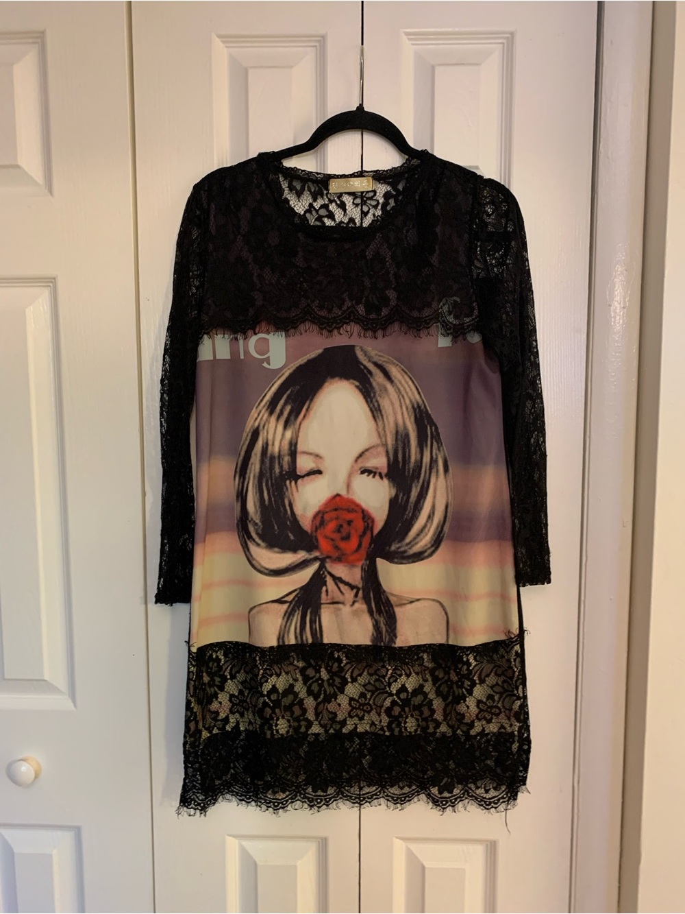 Long Sleeve Black Lace Graphic Dress with Red Rose Detail